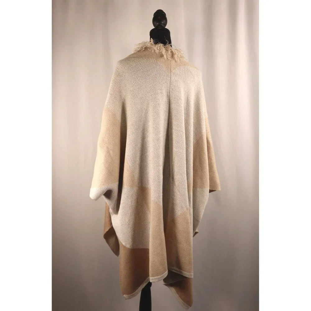 C Cozy Beige Color Block Open Front Poncho with Fringe Detail Size Large - Picture 5 of 14